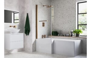 Ramsdell L Shape SUPERCAST 1700x850x560mm 0TH Shower Bath Pack (LH) - Brushed Bronze