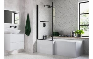 Ramsdell L Shape SUPERCAST 1700x850x560mm 0TH Shower Bath Pack (LH) - Matt Black