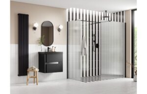 Aqua Platinum 800mm Fluted Wetroom Panel & Side Panel Arm - Matt Black