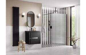 Aqua Platinum 1200mm Fluted Wetroom Panel & Support Arm - Matt Black