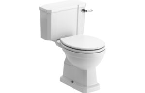 London Close Coupled Comfort Height WC & Satin White Wood Effect Seat w/Br.Brass Finishes